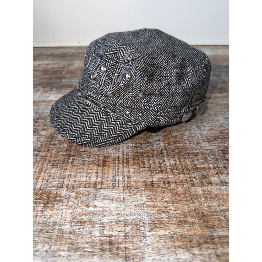 Scala Pronto Gray Black Y2K Herringbone Newsboy Cap Cadet Hat Embellished Army
